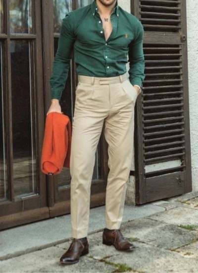 Green Color Shirt Matching Beige Pants