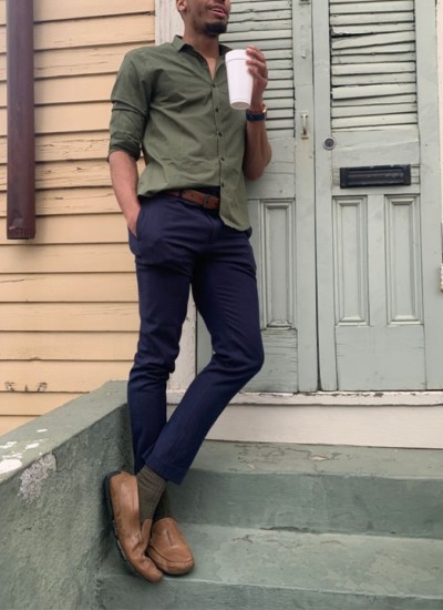 Plain Green Shirt Combination Navy Blue Pants