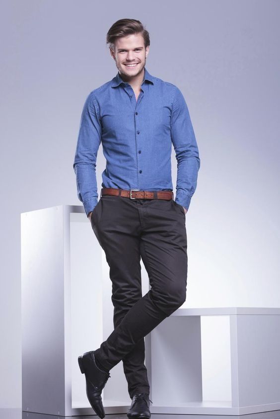 blue shirt with black pants