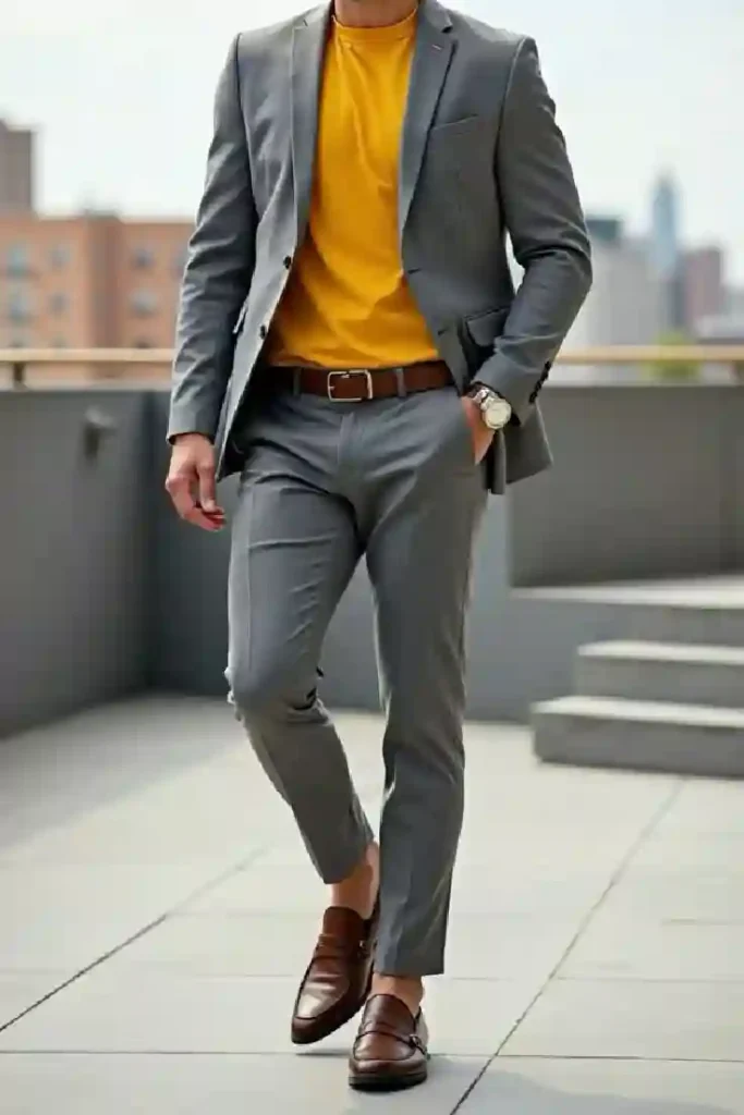 Charcoal Grey Blazer with a yellow t shirt