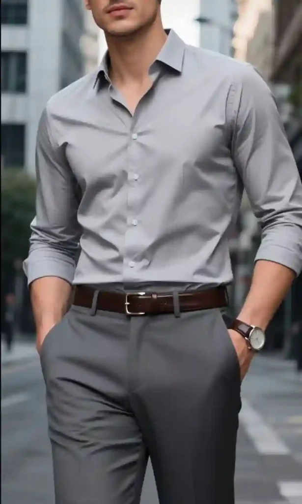 Grey Pants with Patterned Shirt Combination