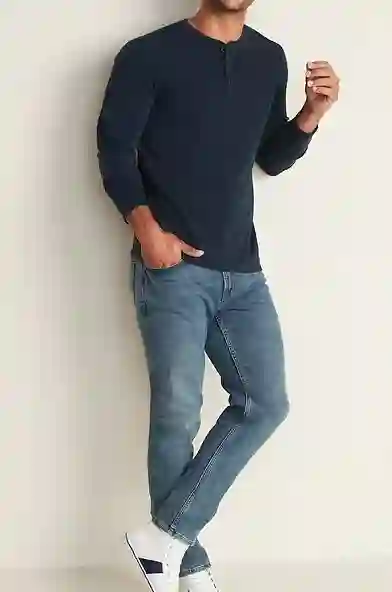 Henley Neck tee with slim fit denim