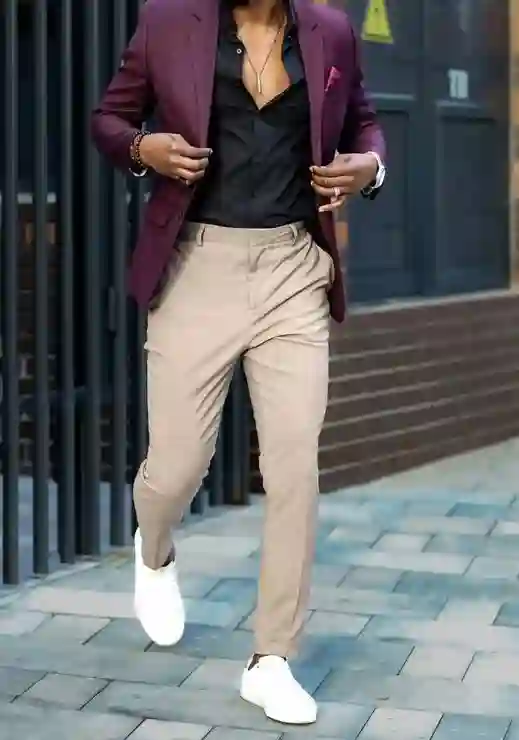 Maroon Blazer with Black Shirt and Beige Pants